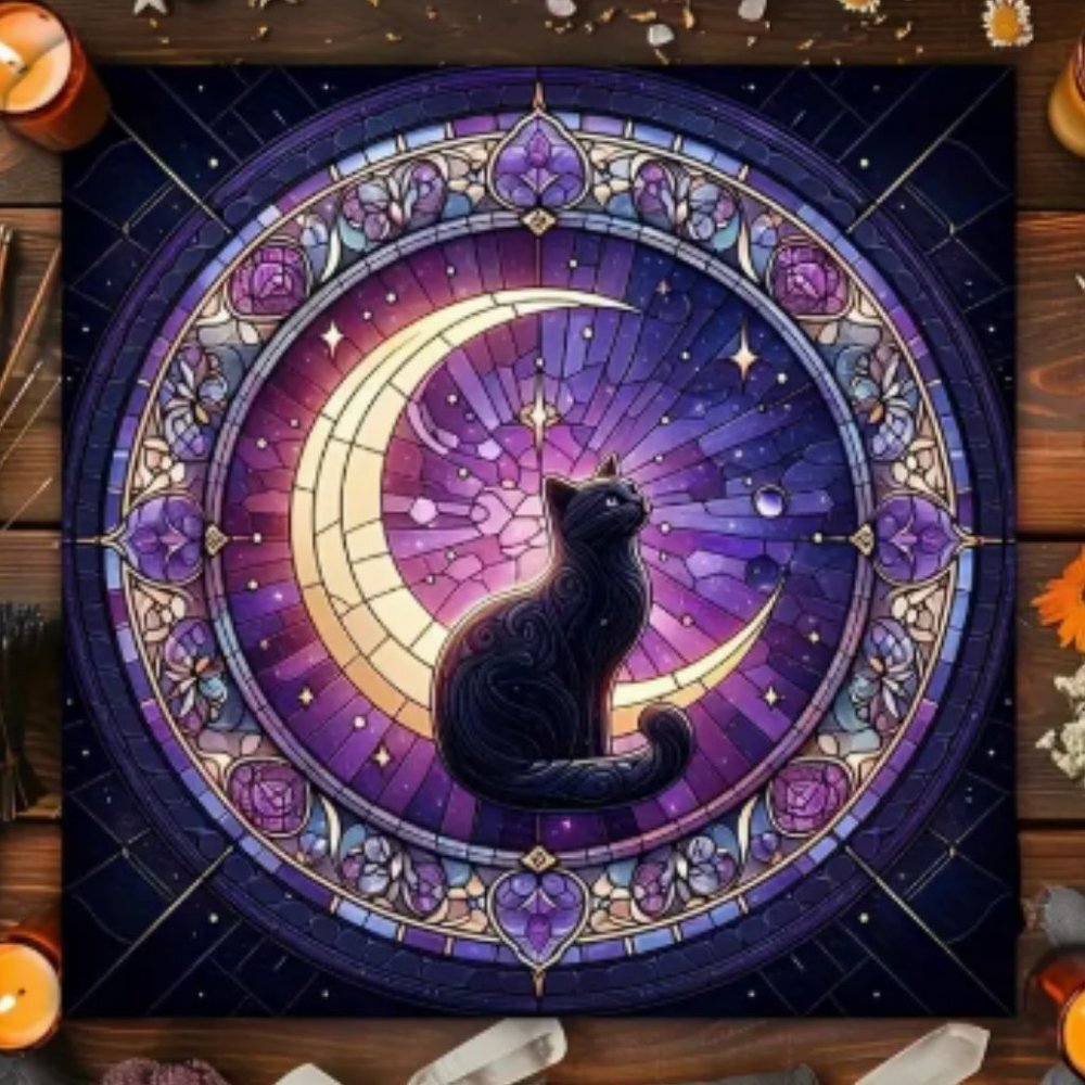 Cat Crescent Moon Stained Glass Tarot Cloth 19X19  NWT